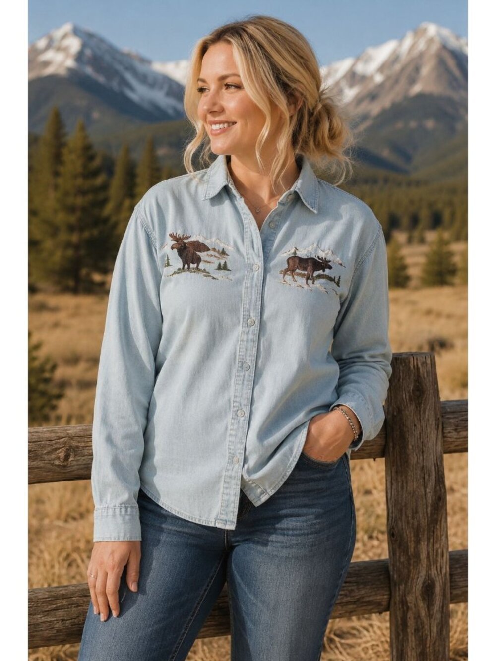 Northern Treasures Denim Button Up Shirt Moose Mountain Embroidered Women’s S